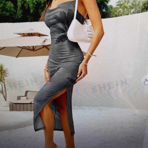 sleek matte black floral print body con dress with high slit - size XS - Picture 2 of 5